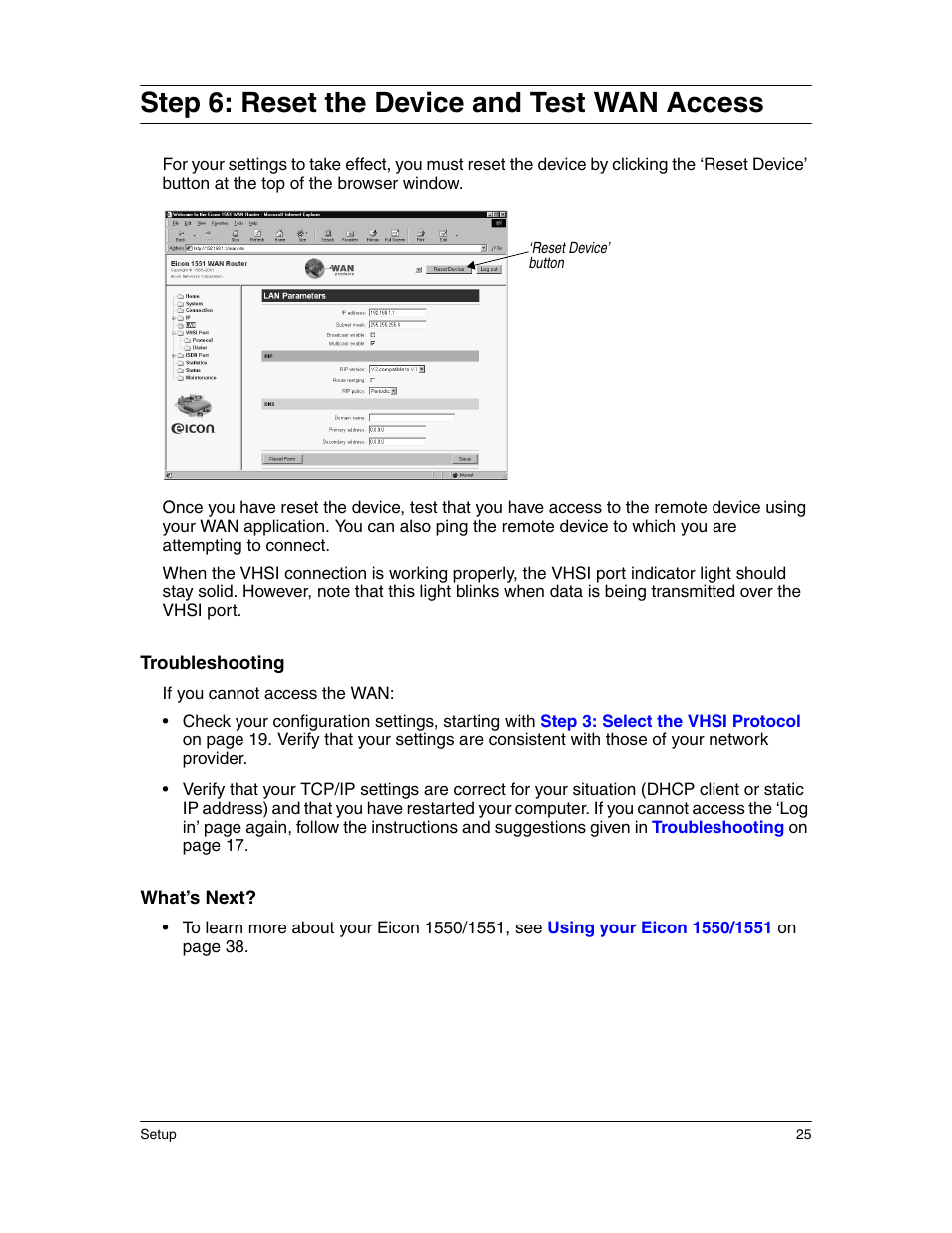 Step 6: reset the device and test wan access | Eicon Networks 1550 User Manual | Page 25 / 157