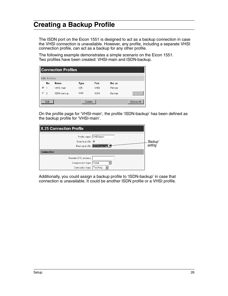 Creating a backup profile | Eicon Networks 1550 User Manual | Page 26 / 157