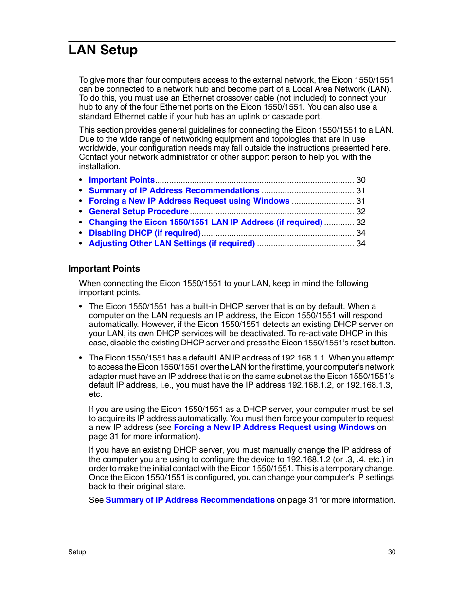 Lan setup | Eicon Networks 1550 User Manual | Page 30 / 157