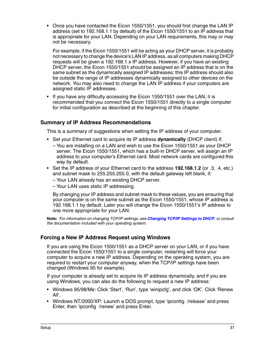 Summary of ip address recommendations, Forcing a new ip address request using windows | Eicon Networks 1550 User Manual | Page 31 / 157