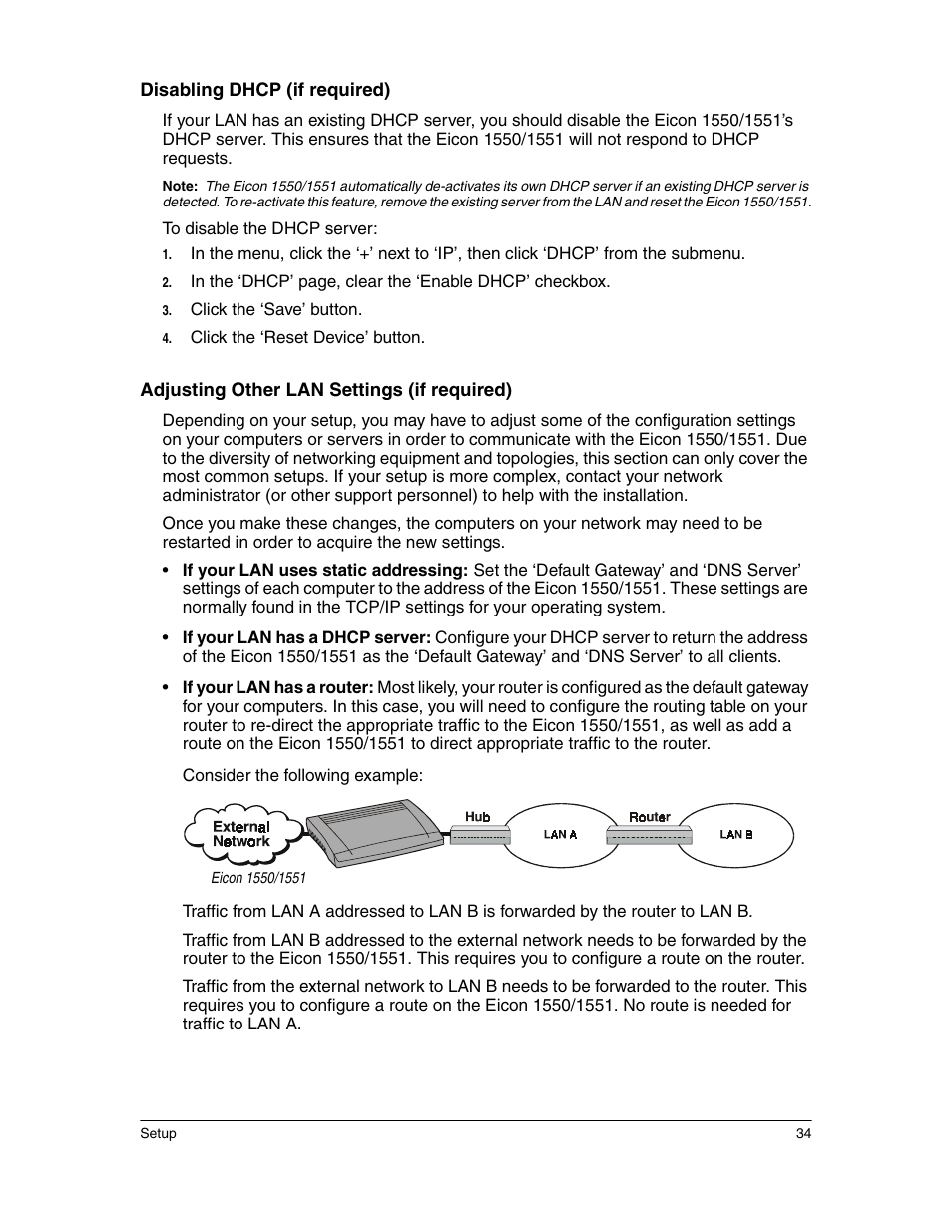 Disabling dhcp (if required), Adjusting other lan settings (if required) | Eicon Networks 1550 User Manual | Page 34 / 157