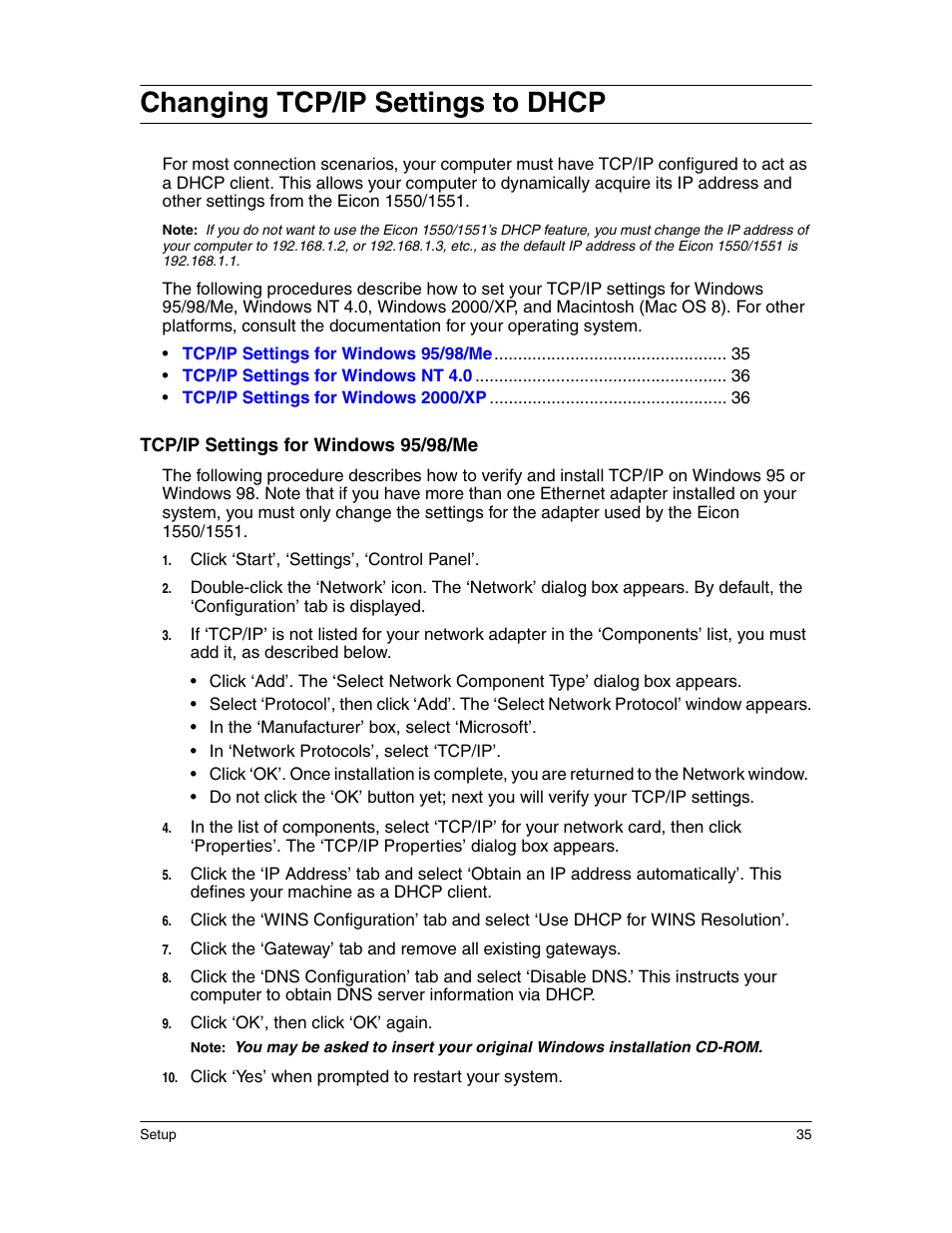 Changing tcp/ip settings to dhcp, Changing tcp/ip settings, To dhcp | Eicon Networks 1550 User Manual | Page 35 / 157