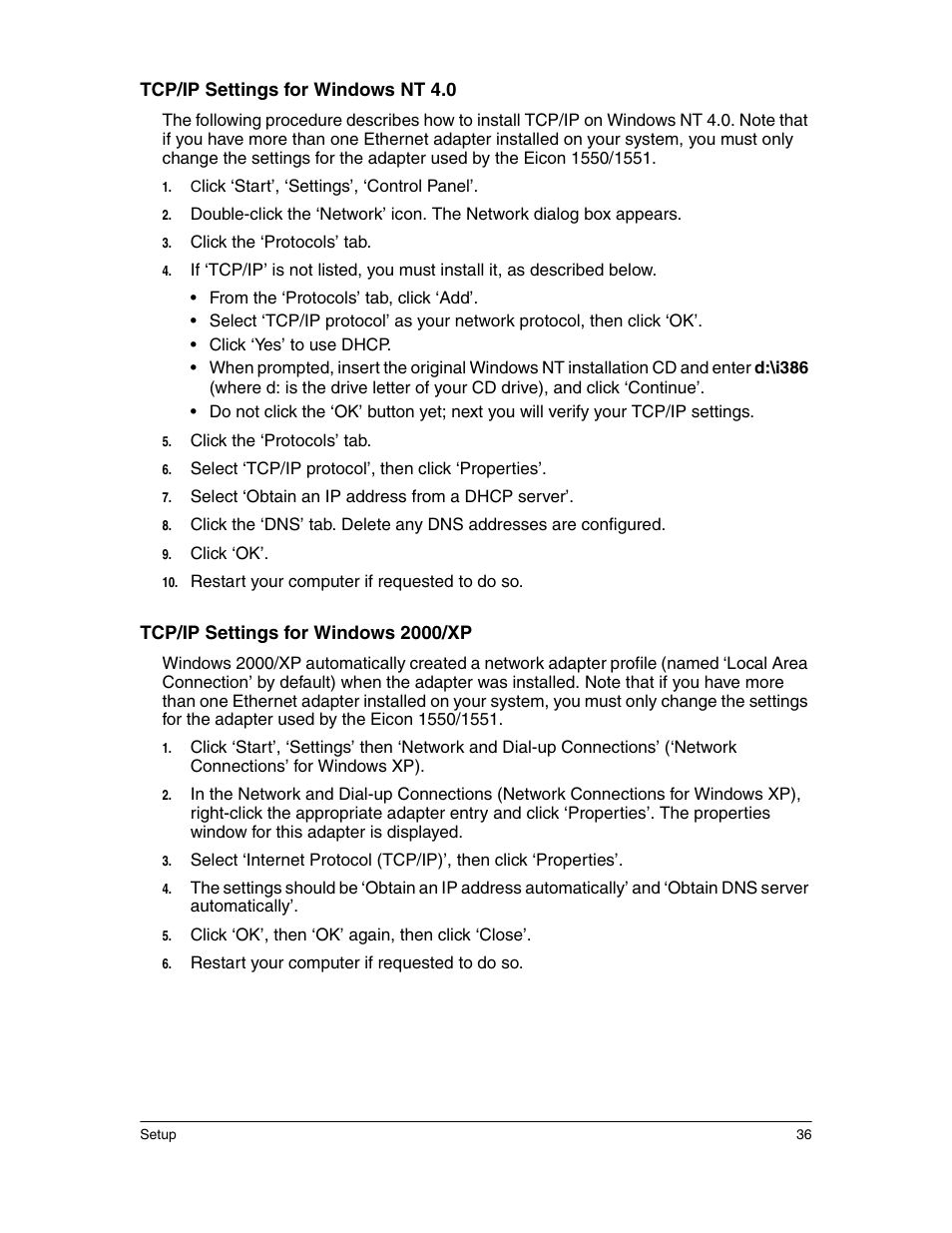 Tcp/ip settings for windows nt 4.0, Tcp/ip settings for windows 2000/xp | Eicon Networks 1550 User Manual | Page 36 / 157