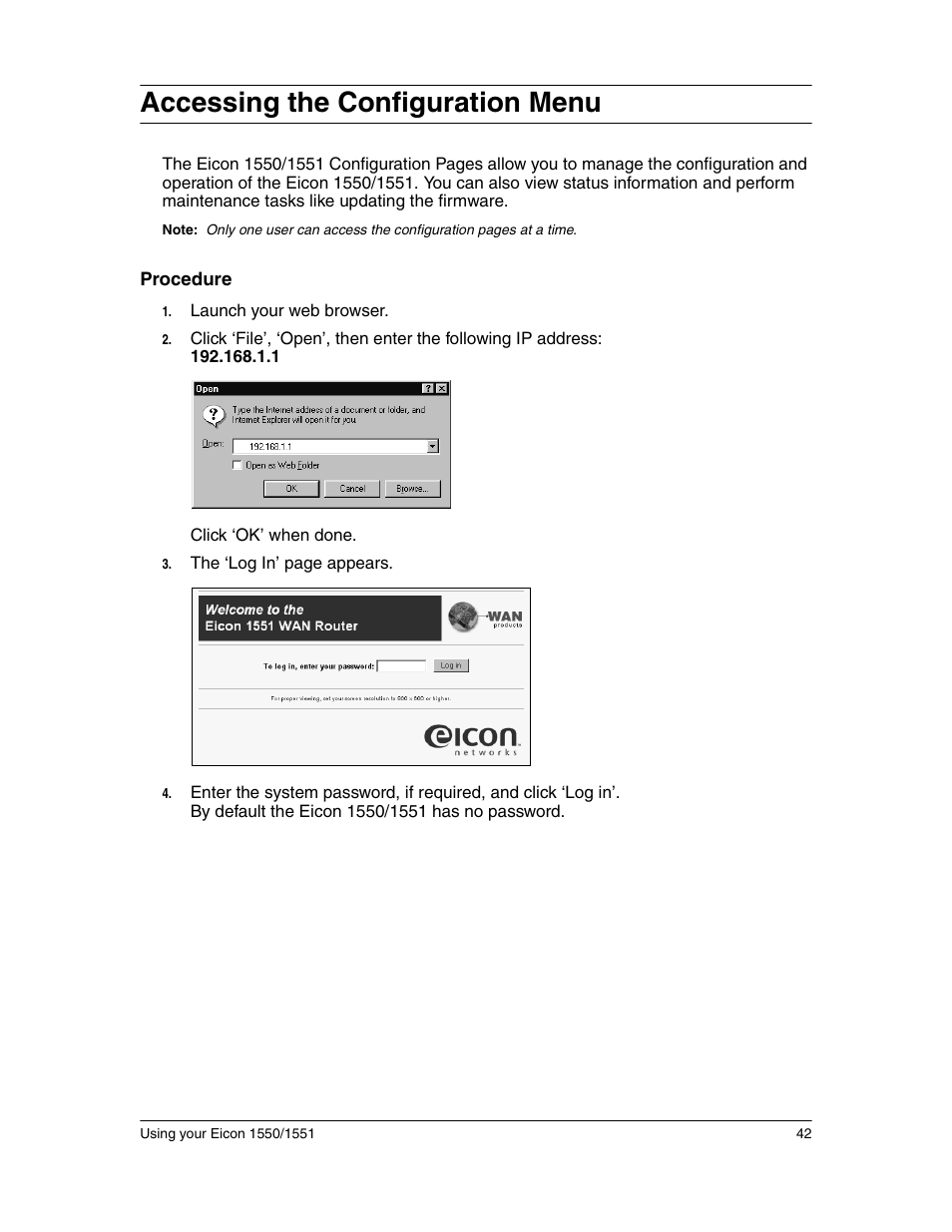 Accessing the configuration menu | Eicon Networks 1550 User Manual | Page 42 / 157