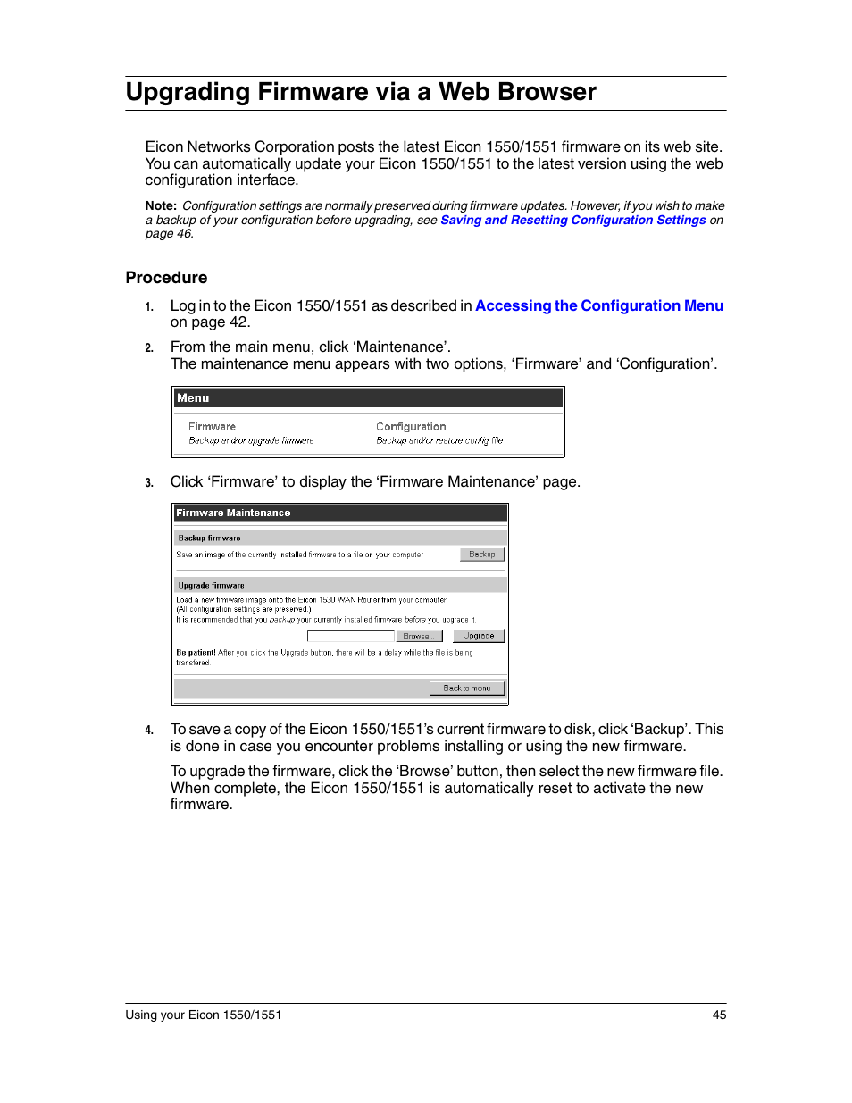 Upgrading firmware via a web browser | Eicon Networks 1550 User Manual | Page 45 / 157
