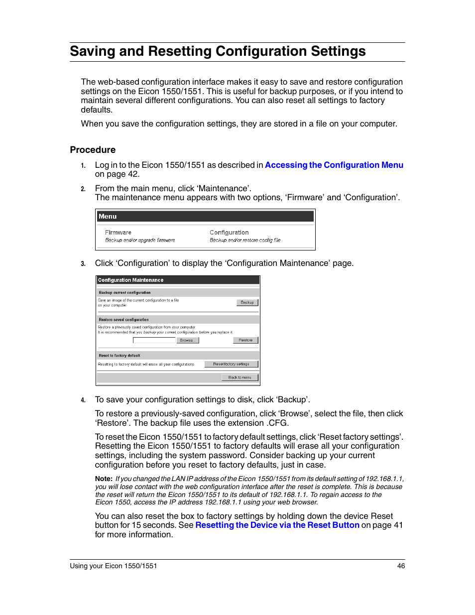 Saving and resetting configuration settings | Eicon Networks 1550 User Manual | Page 46 / 157