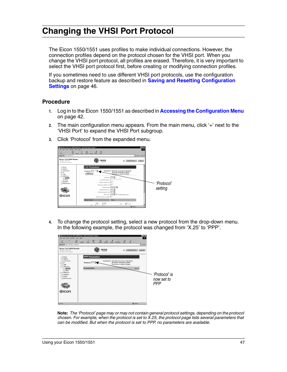 Changing the vhsi port protocol | Eicon Networks 1550 User Manual | Page 47 / 157