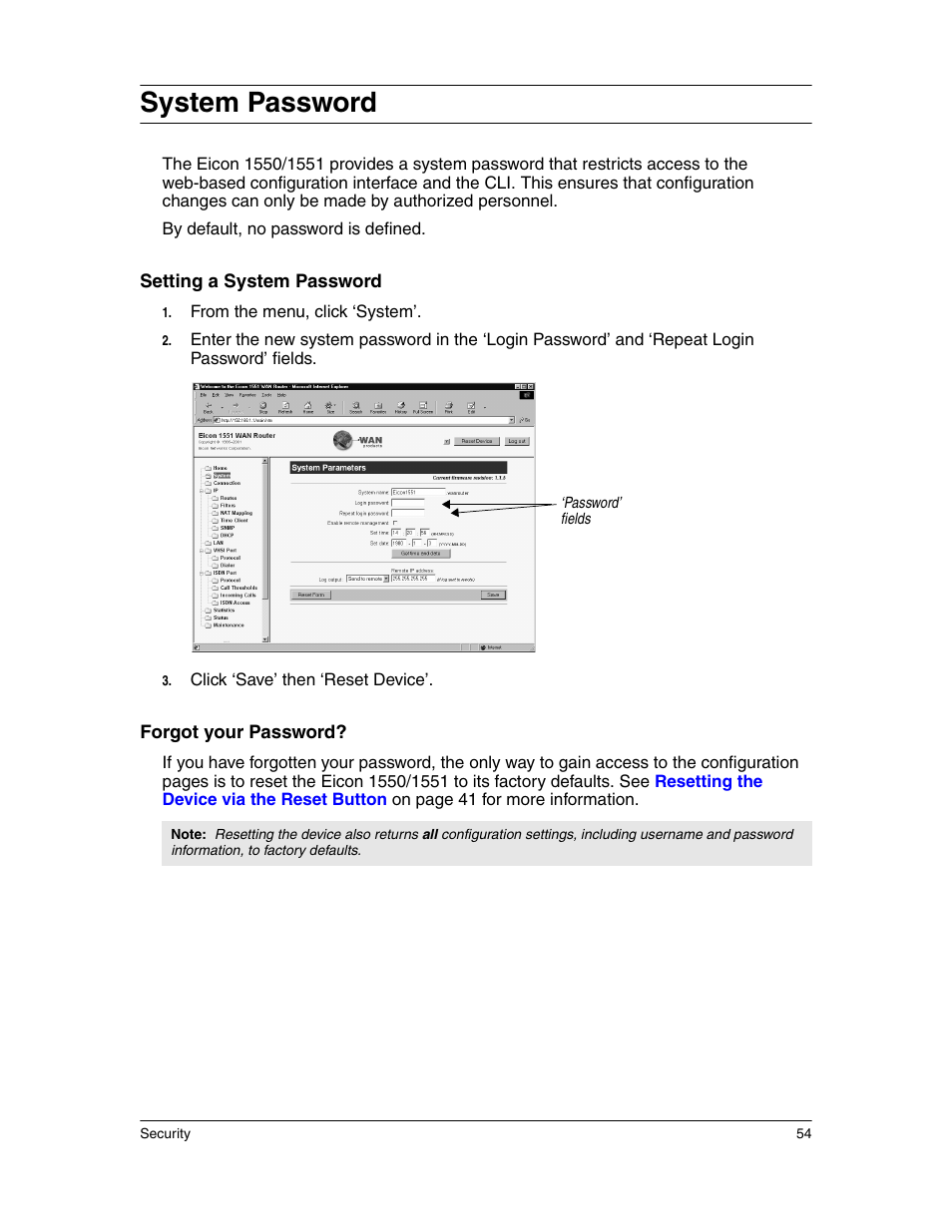System password | Eicon Networks 1550 User Manual | Page 54 / 157