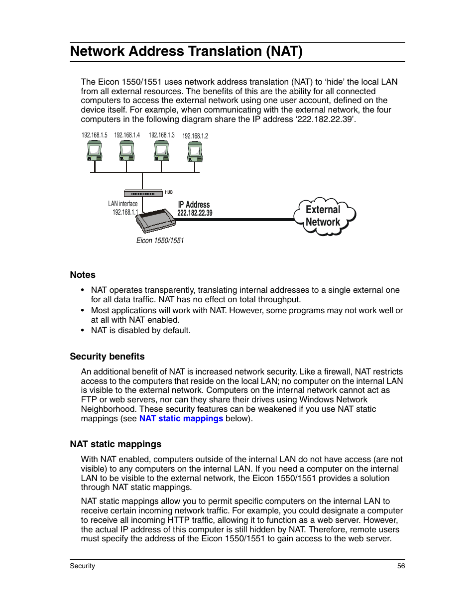 Network address translation (nat), External network | Eicon Networks 1550 User Manual | Page 56 / 157