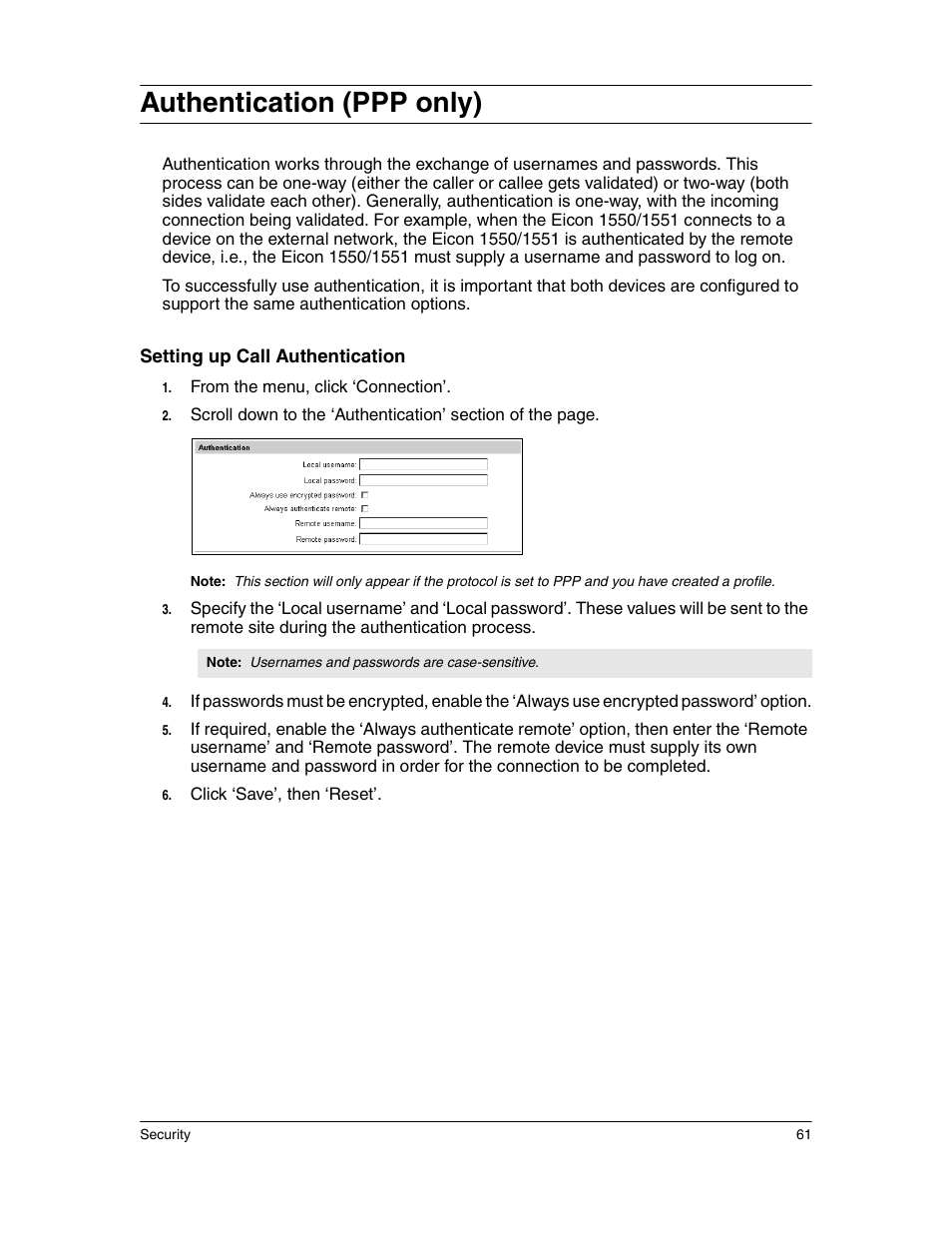 Authentication (ppp only) | Eicon Networks 1550 User Manual | Page 61 / 157