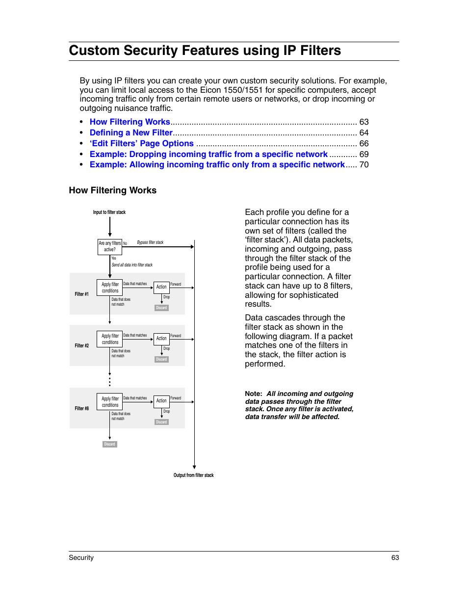 Custom security features using ip filters, How filtering works | Eicon Networks 1550 User Manual | Page 63 / 157