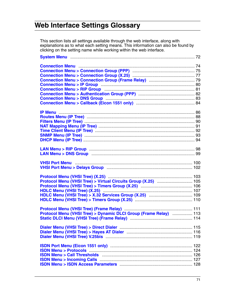Web interface settings glossary | Eicon Networks 1550 User Manual | Page 71 / 157