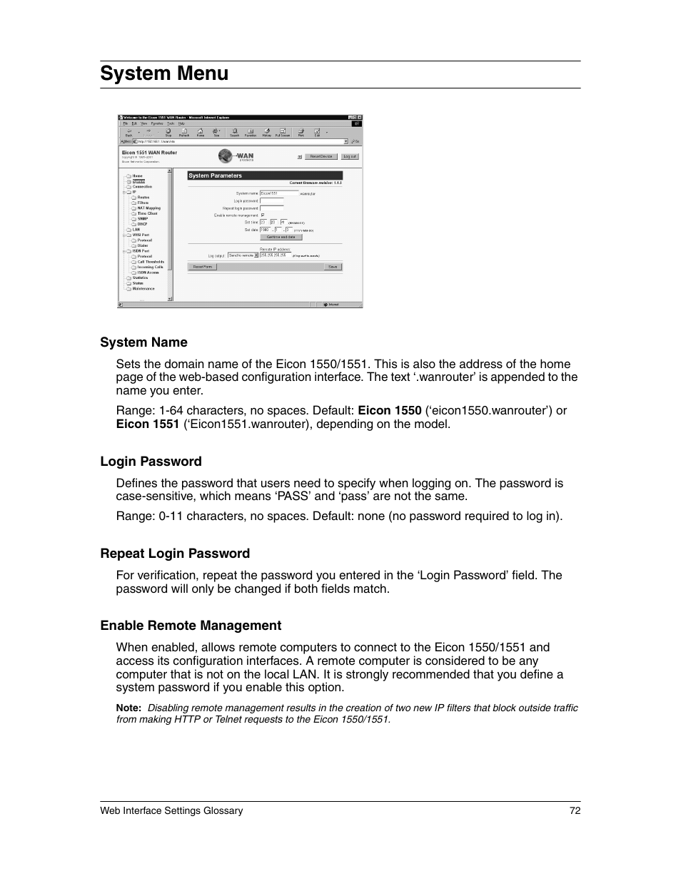 System menu | Eicon Networks 1550 User Manual | Page 72 / 157