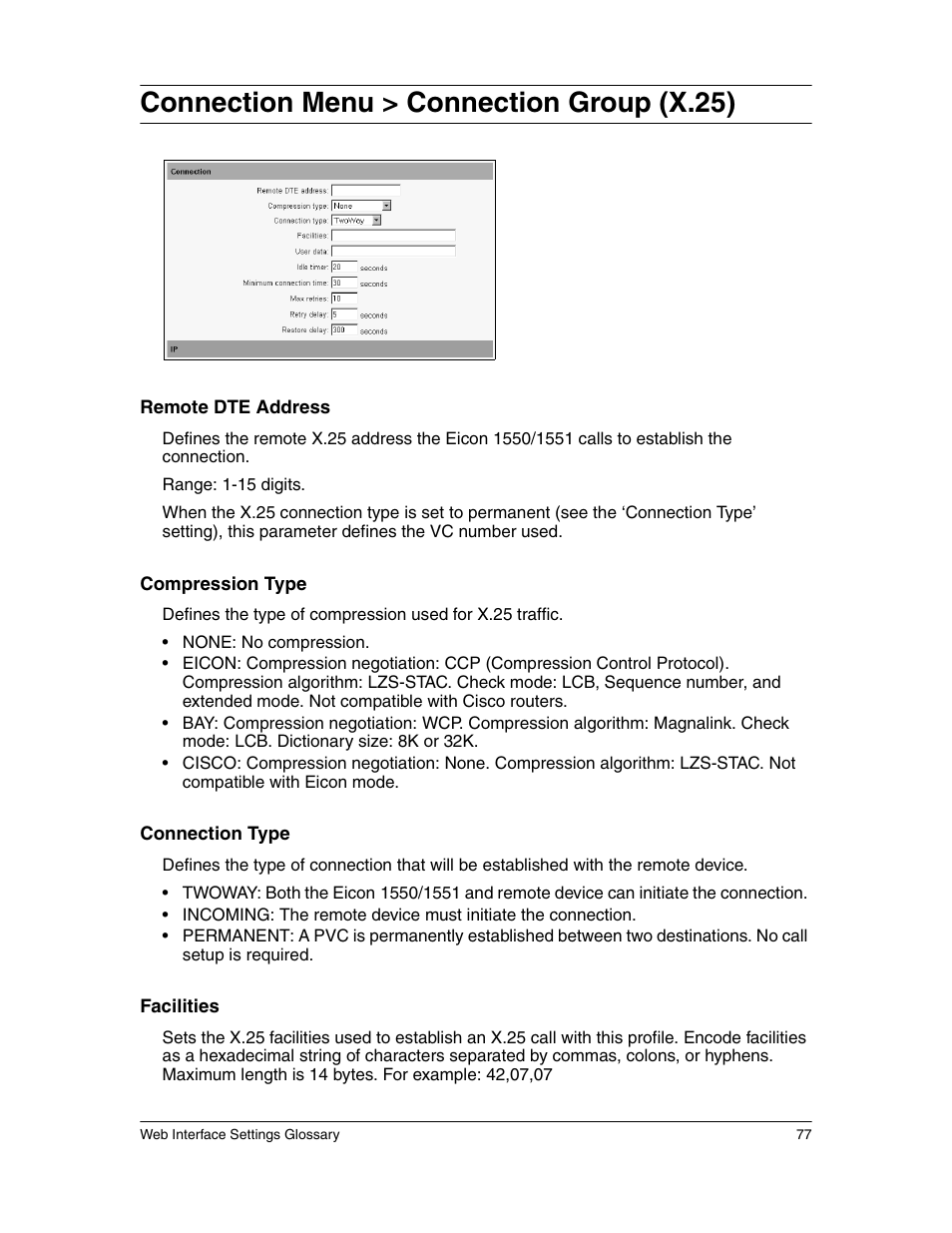 Connection menu > connection group (x.25) | Eicon Networks 1550 User Manual | Page 77 / 157