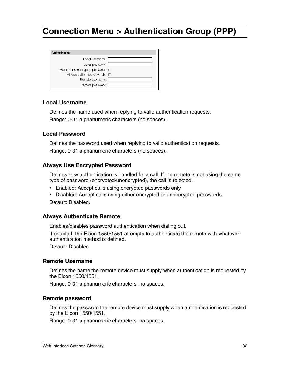 Connection menu > authentication group (ppp) | Eicon Networks 1550 User Manual | Page 82 / 157