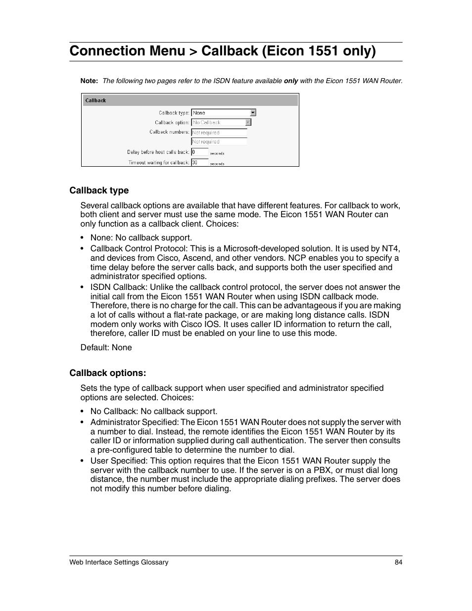 Connection menu > callback (eicon 1551 only) | Eicon Networks 1550 User Manual | Page 84 / 157