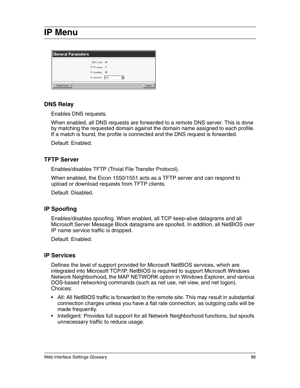 Ip menu | Eicon Networks 1550 User Manual | Page 86 / 157