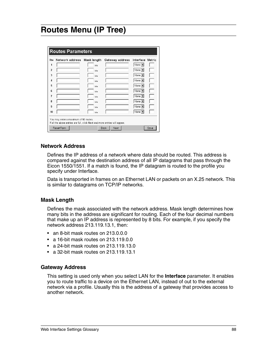 Routes menu (ip tree) | Eicon Networks 1550 User Manual | Page 88 / 157