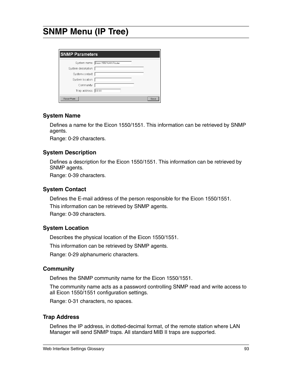 Snmp menu (ip tree) | Eicon Networks 1550 User Manual | Page 93 / 157