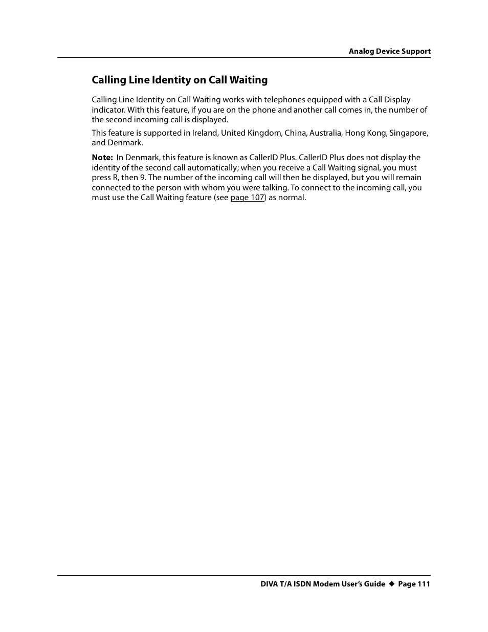 Calling line identity on call waiting | Eicon Networks DIVA T/A ISDN User Manual | Page 111 / 146