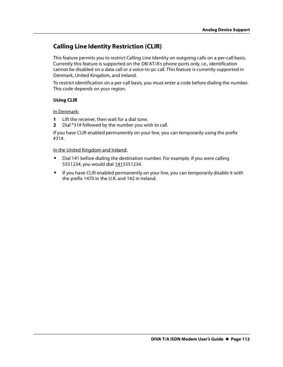 Calling line identity restriction (clir) | Eicon Networks DIVA T/A ISDN User Manual | Page 112 / 146