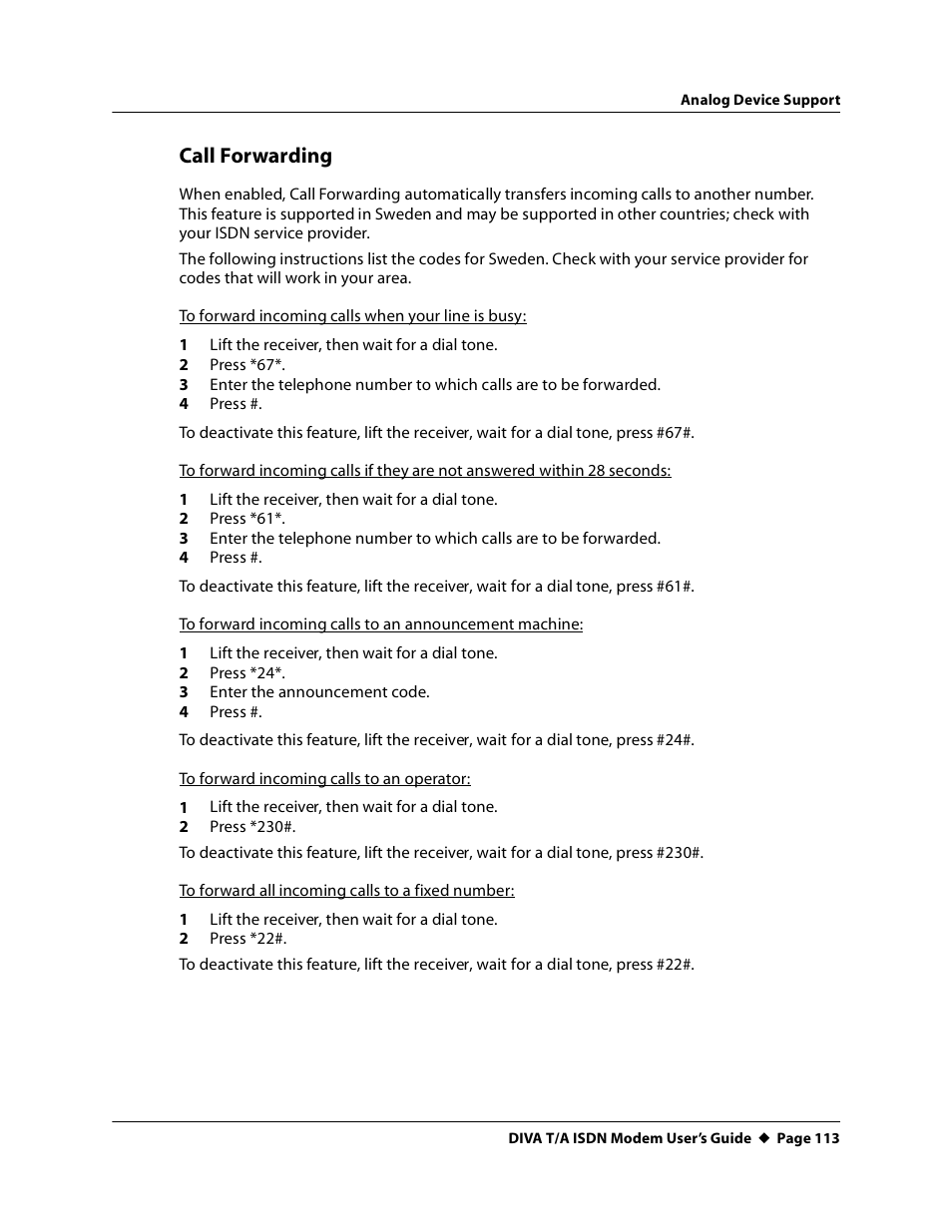 Call forwarding | Eicon Networks DIVA T/A ISDN User Manual | Page 113 / 146