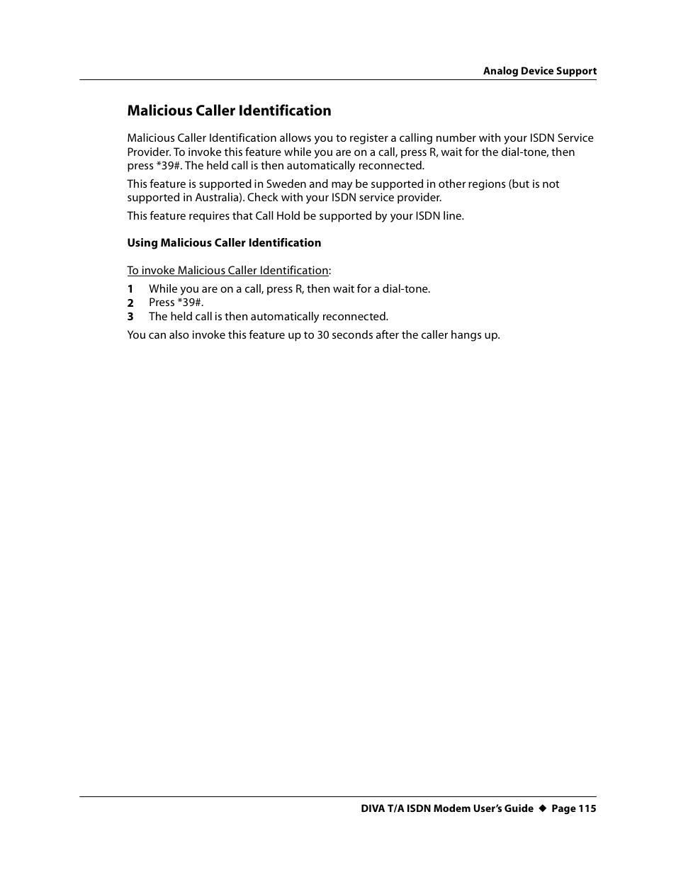 Malicious caller identification | Eicon Networks DIVA T/A ISDN User Manual | Page 115 / 146