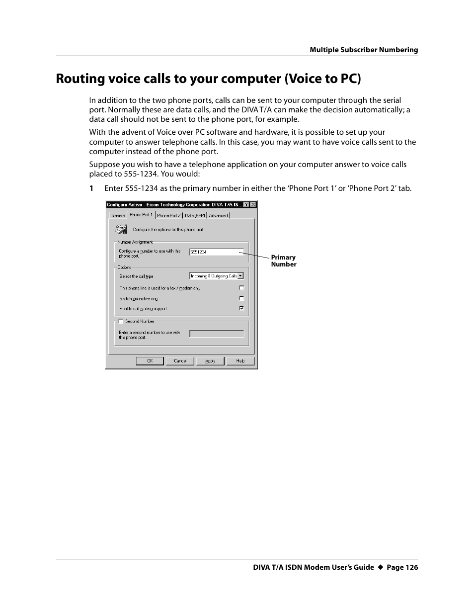 Routing voice calls to your computer (voice to pc) | Eicon Networks DIVA T/A ISDN User Manual | Page 126 / 146