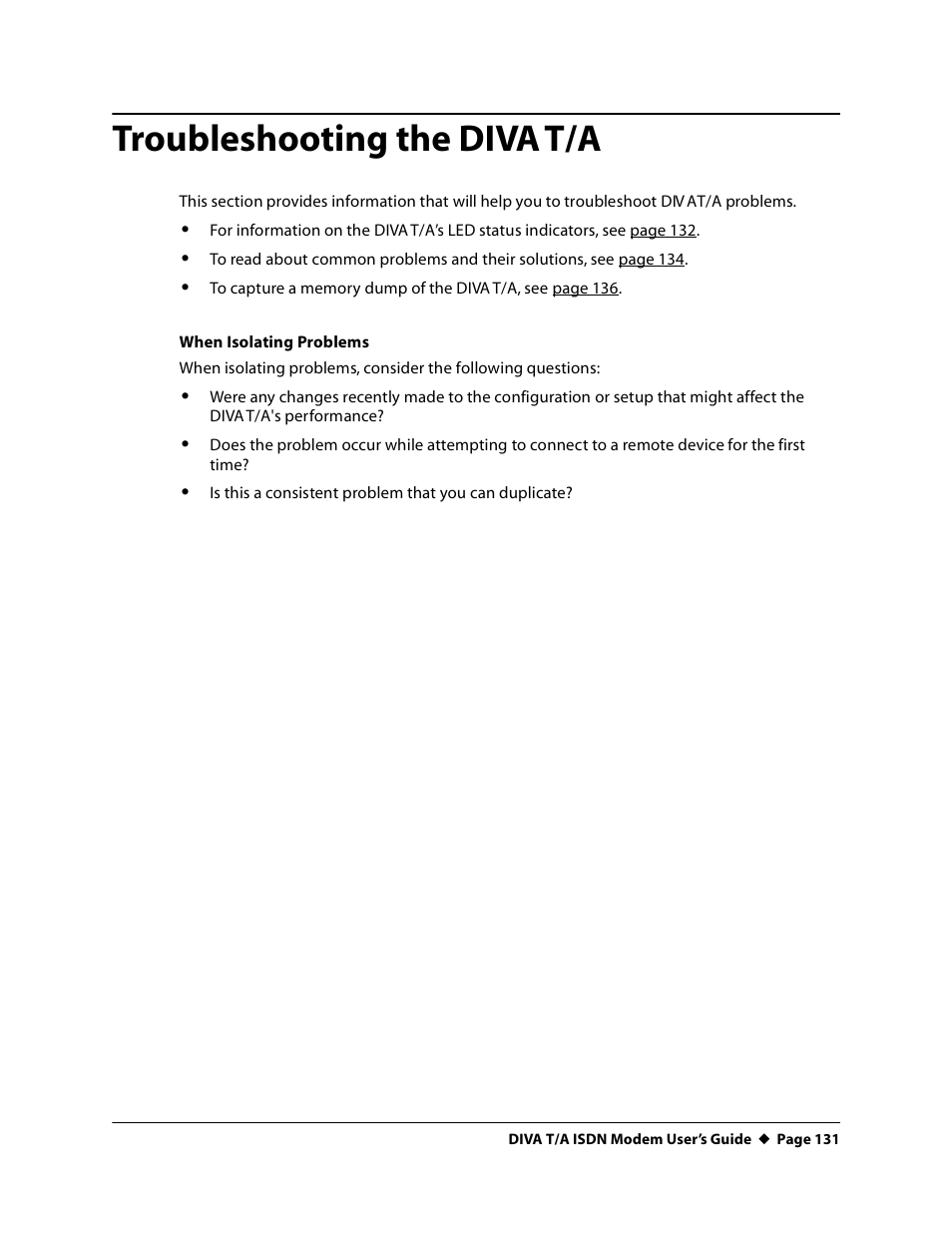 Troubleshooting the divat/a, Troubleshooting the diva t/a | Eicon Networks DIVA T/A ISDN User Manual | Page 131 / 146