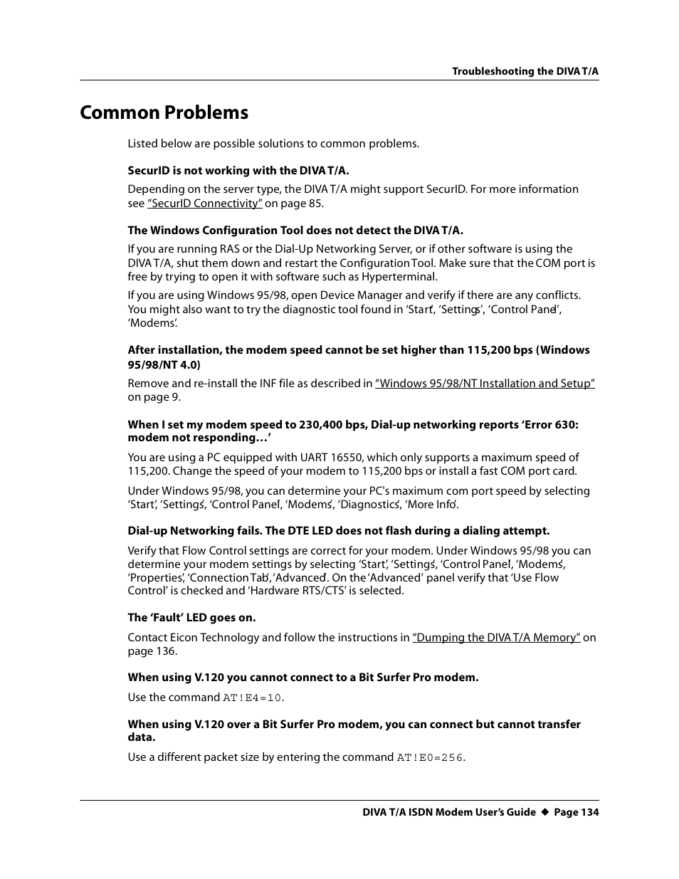 Common problems | Eicon Networks DIVA T/A ISDN User Manual | Page 134 / 146