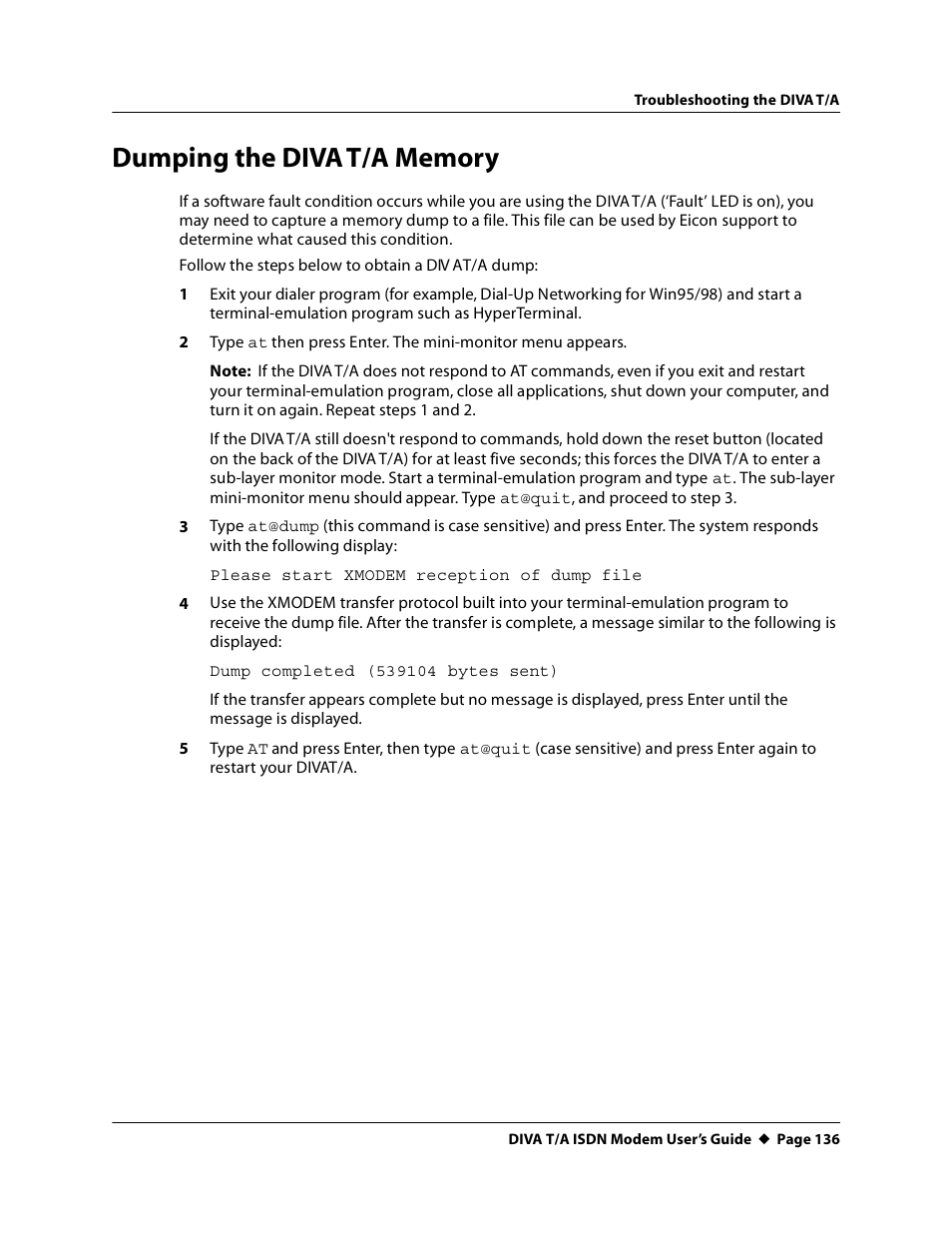Dumping the divat/a memory, Dumping the diva t/a memory | Eicon Networks DIVA T/A ISDN User Manual | Page 136 / 146
