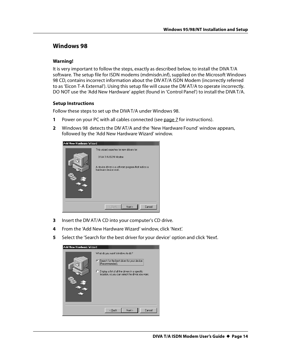 Windows 98 | Eicon Networks DIVA T/A ISDN User Manual | Page 14 / 146