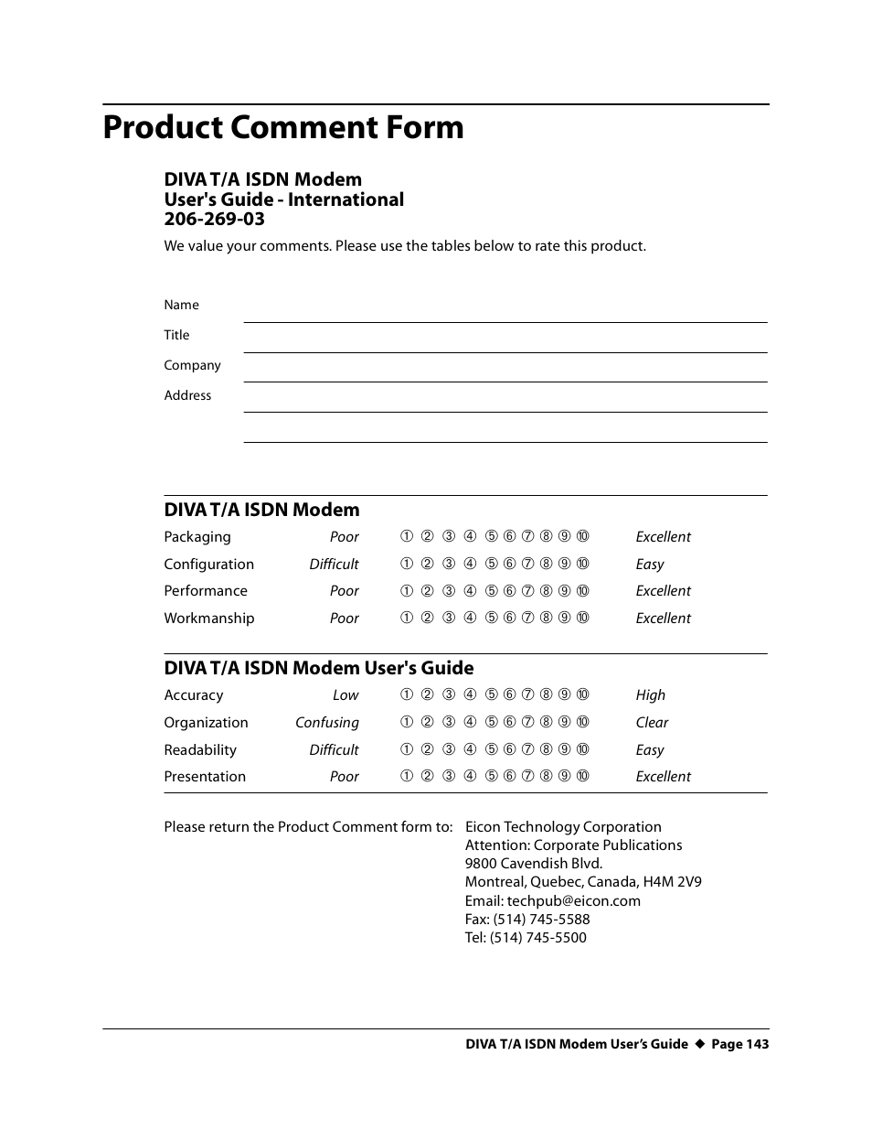 Product comment form, Diva t/a isdn modem, Diva t/a isdn modem user's guide | Eicon Networks DIVA T/A ISDN User Manual | Page 143 / 146