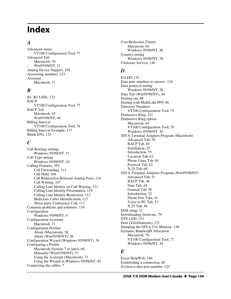 Index | Eicon Networks DIVA T/A ISDN User Manual | Page 144 / 146