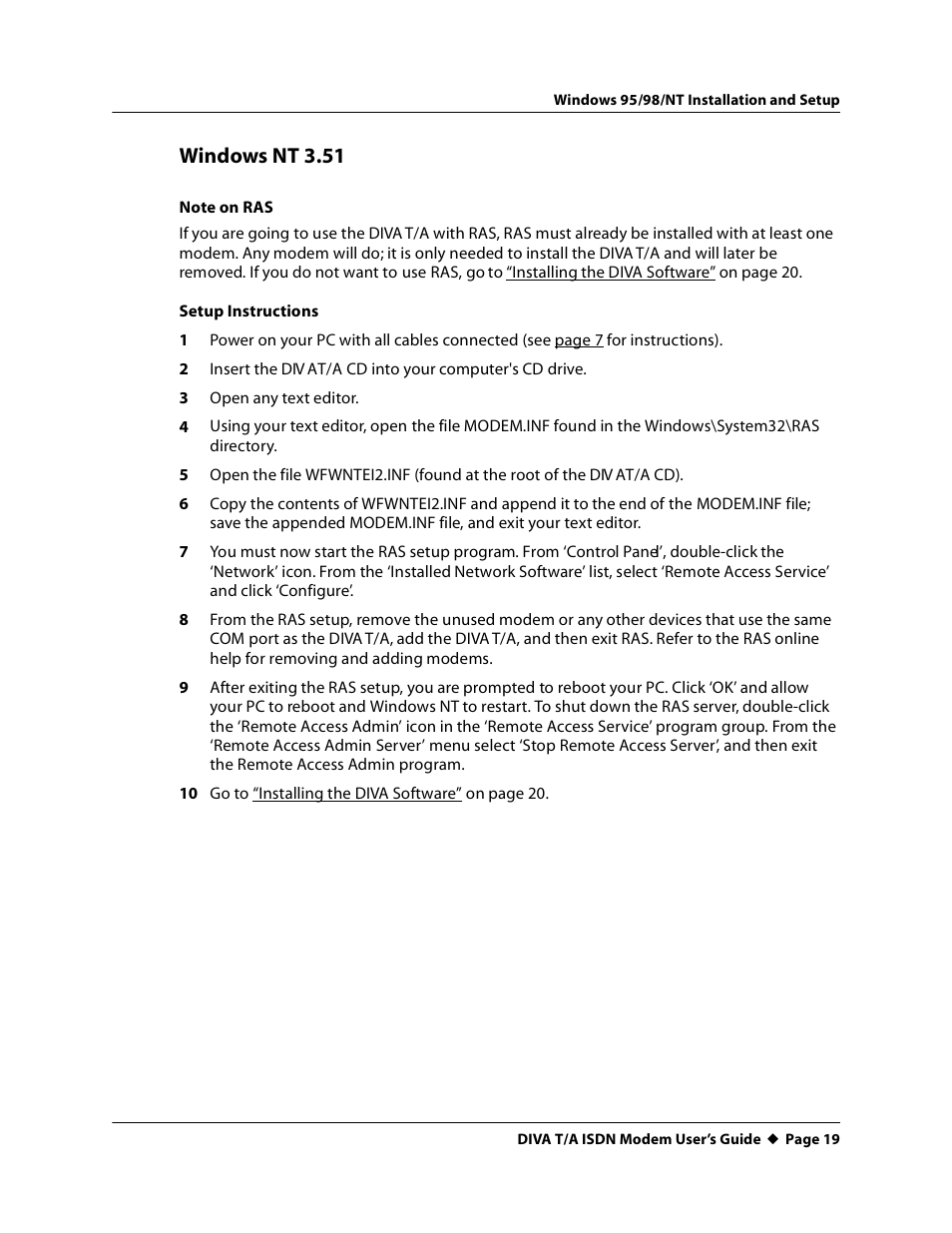 Windows nt 3.51 | Eicon Networks DIVA T/A ISDN User Manual | Page 19 / 146