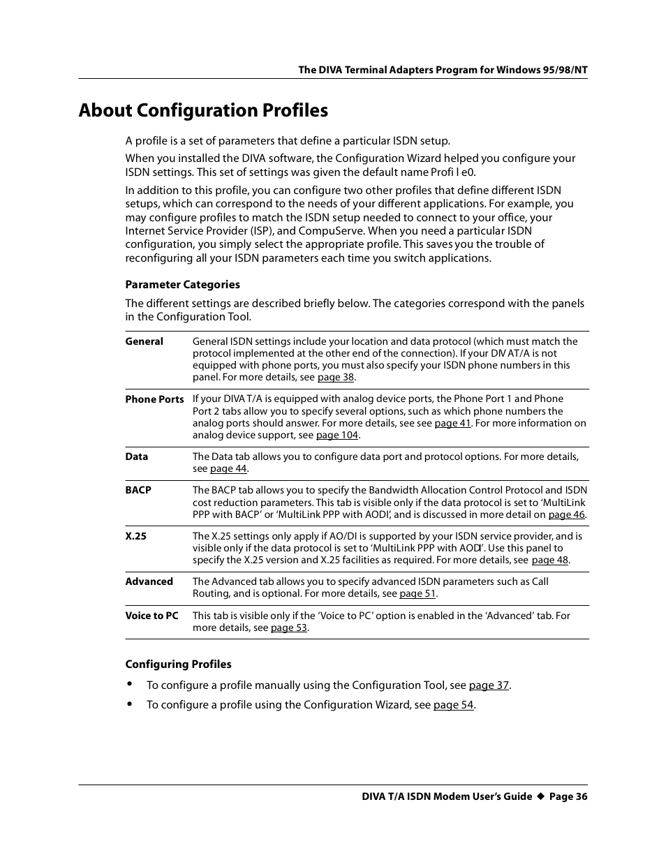 About configuration profiles | Eicon Networks DIVA T/A ISDN User Manual | Page 36 / 146