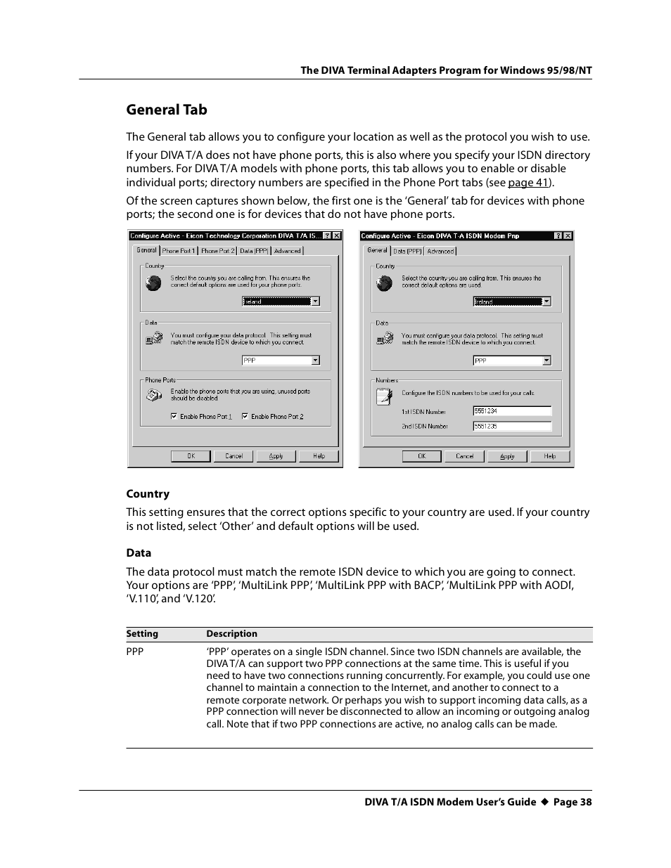 General tab | Eicon Networks DIVA T/A ISDN User Manual | Page 38 / 146
