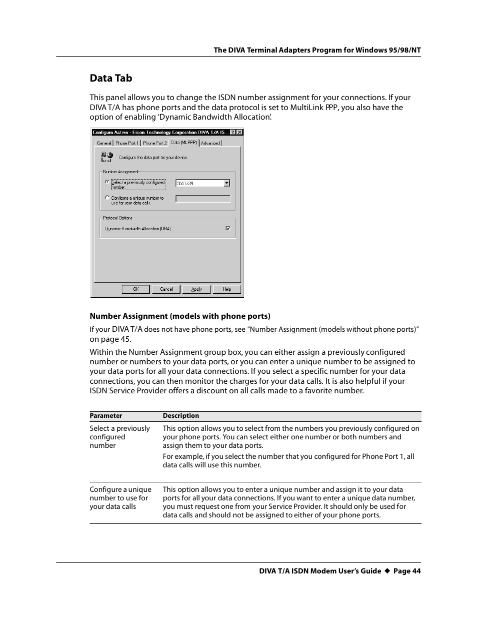 Data tab | Eicon Networks DIVA T/A ISDN User Manual | Page 44 / 146