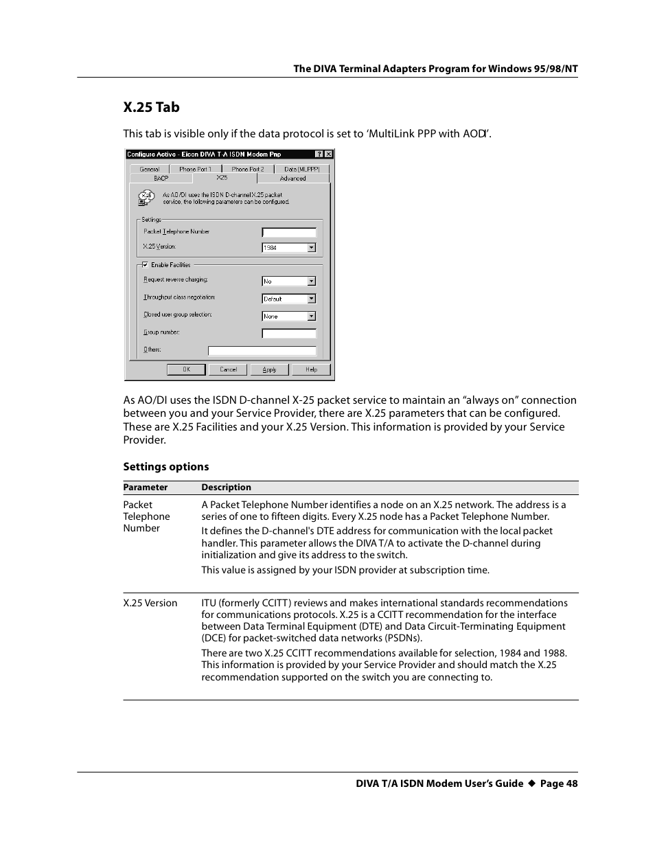 X.25 tab | Eicon Networks DIVA T/A ISDN User Manual | Page 48 / 146