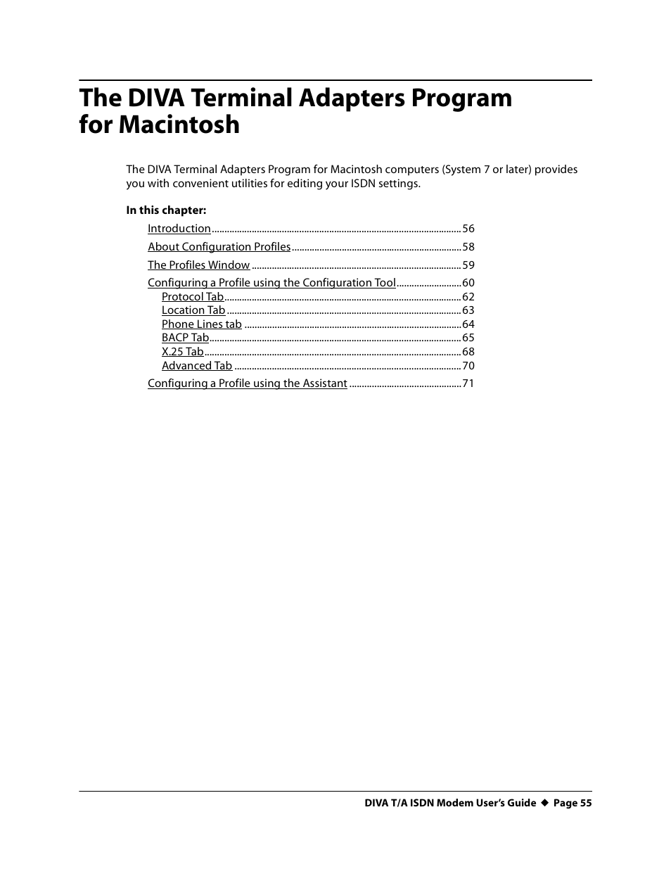 The diva terminal adapters program formacintosh, The diva terminal adapters program for macintosh | Eicon Networks DIVA T/A ISDN User Manual | Page 55 / 146