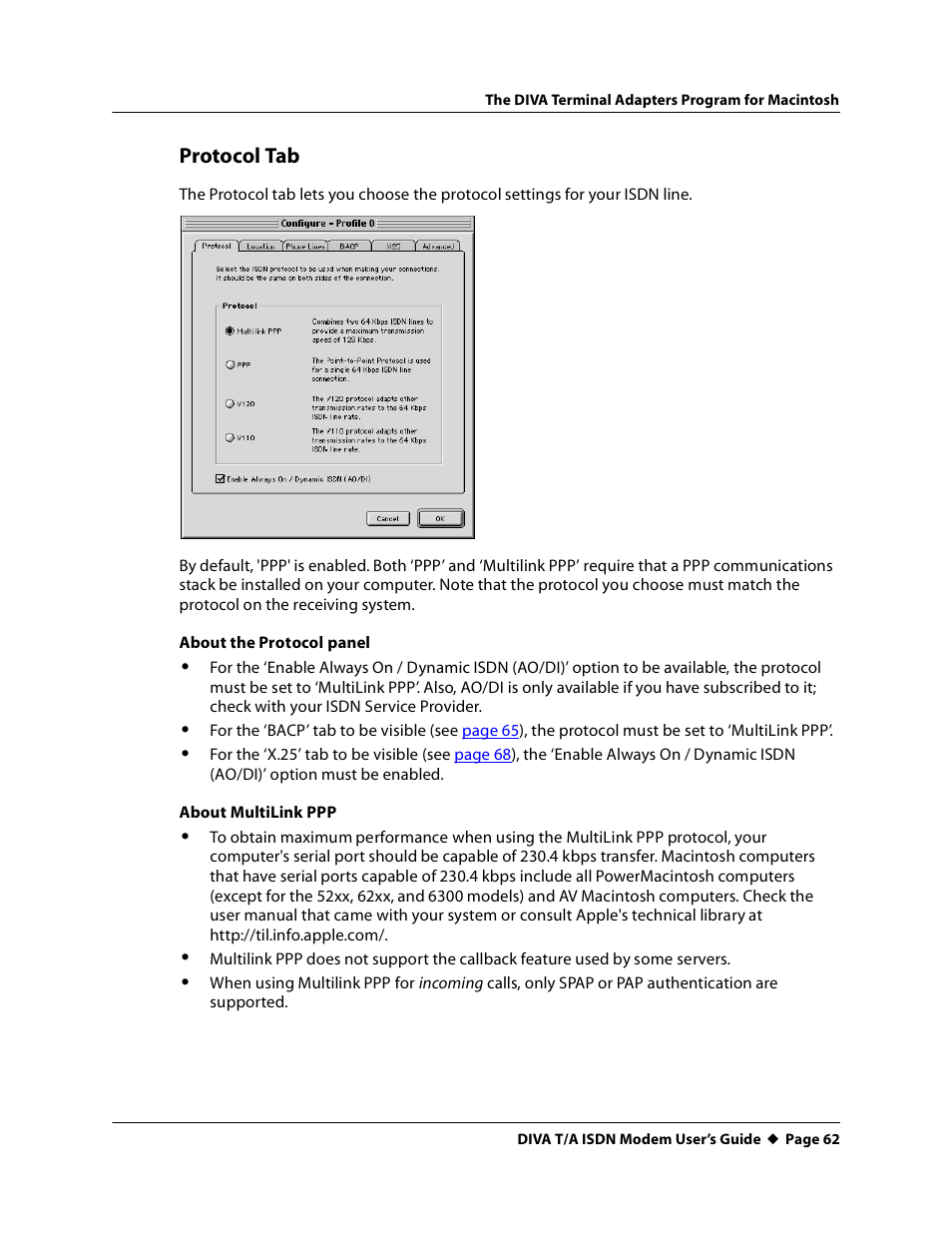 Protocol tab | Eicon Networks DIVA T/A ISDN User Manual | Page 62 / 146