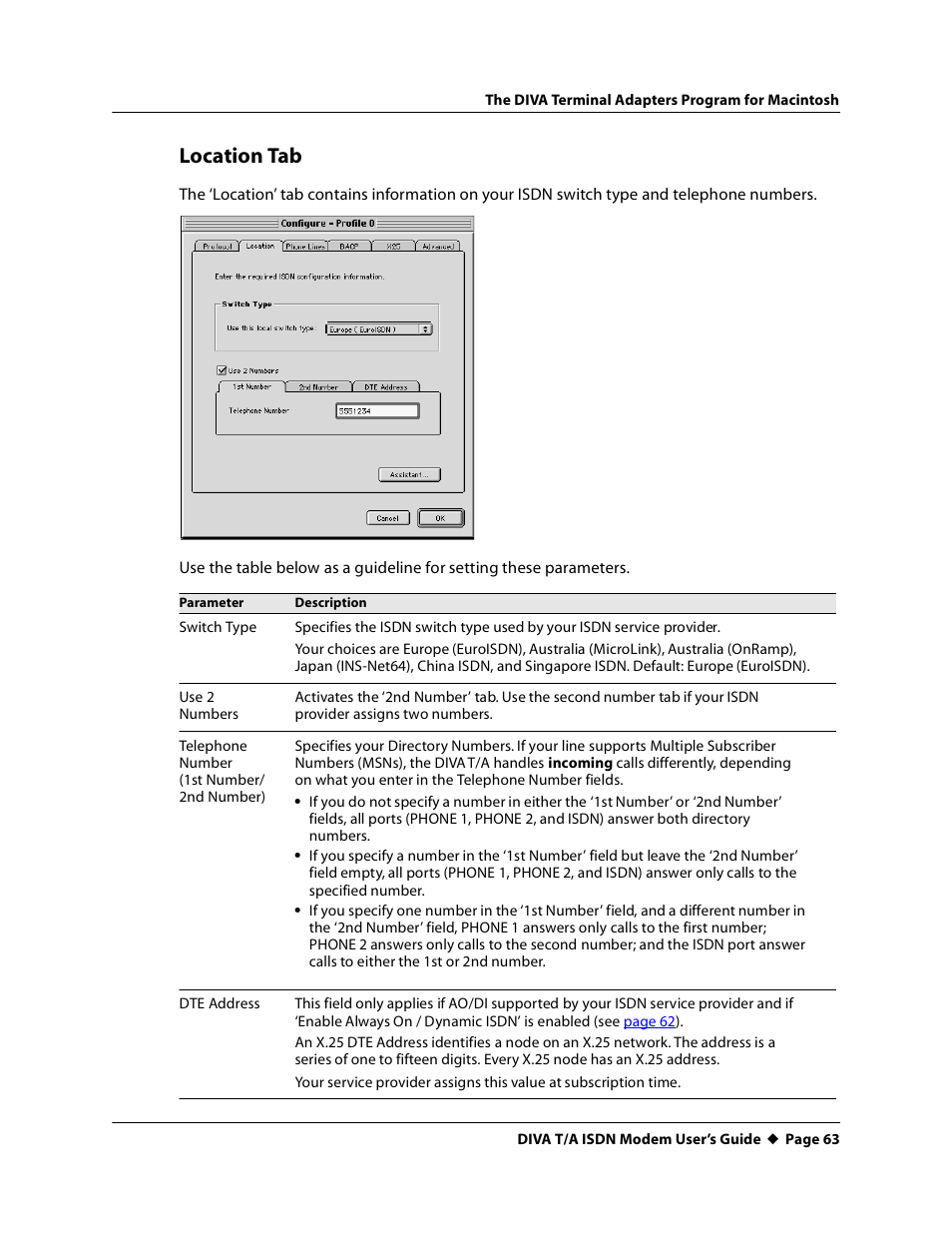 Location tab | Eicon Networks DIVA T/A ISDN User Manual | Page 63 / 146