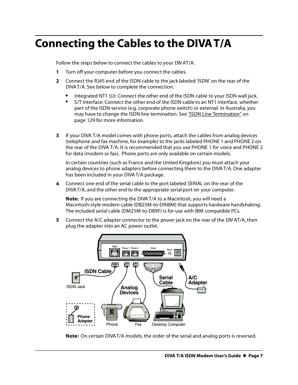 Connecting the cables to the divat/a, Connecting the cables to the diva t/a | Eicon Networks DIVA T/A ISDN User Manual | Page 7 / 146