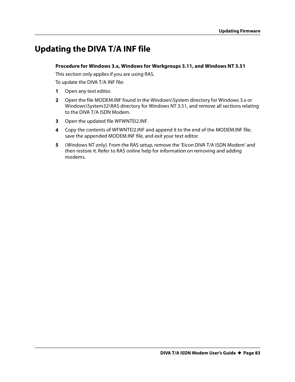 Updating the diva t/a inf file | Eicon Networks DIVA T/A ISDN User Manual | Page 83 / 146