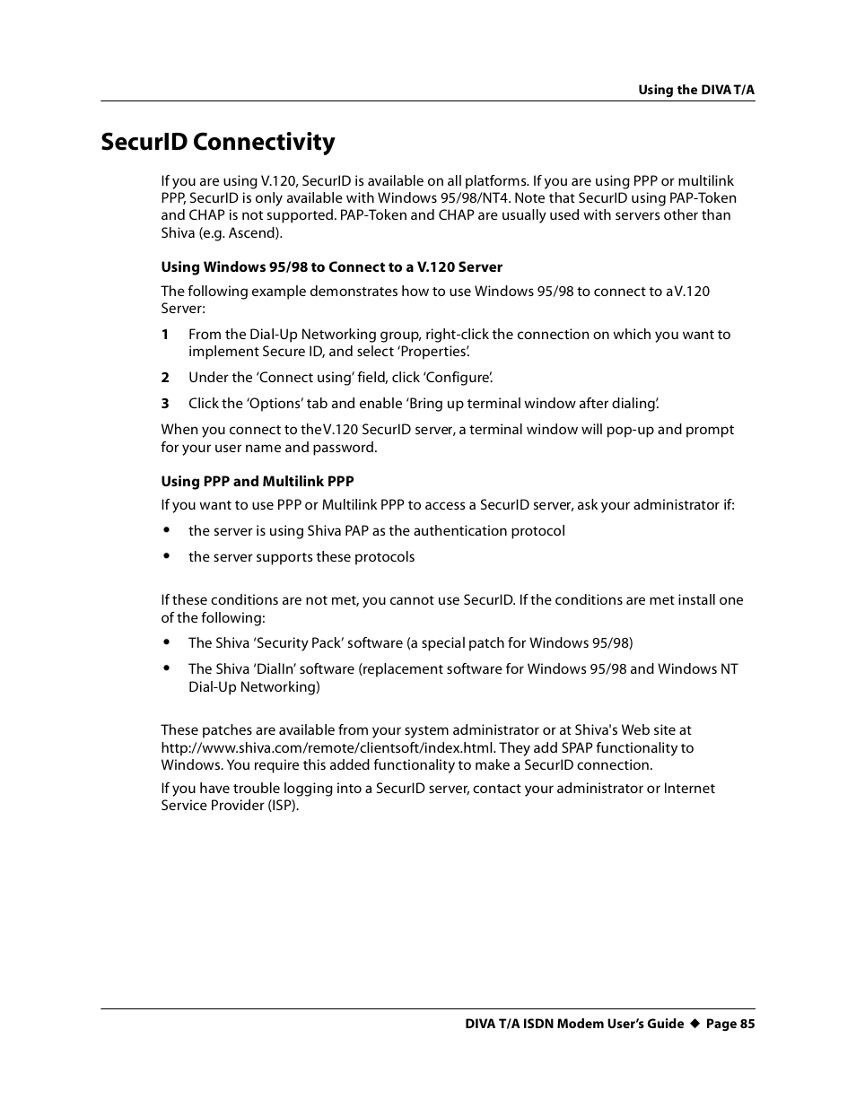 Securid connectivity | Eicon Networks DIVA T/A ISDN User Manual | Page 85 / 146