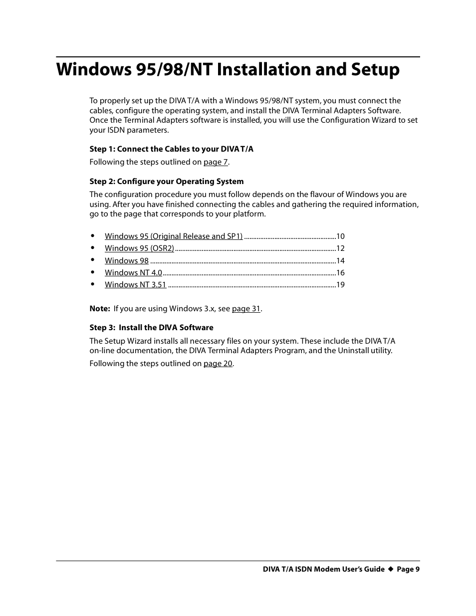 Windows 95/98/nt installation andsetup, Windows 95/98/nt installation and setup | Eicon Networks DIVA T/A ISDN User Manual | Page 9 / 146