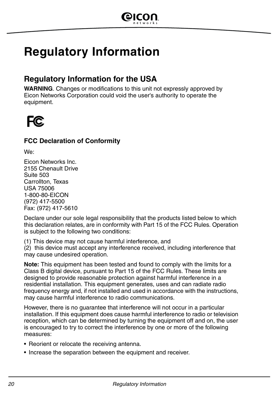 Regulatory information, Regulatory information for the usa | Eicon Networks Diva Server Adapters User Manual | Page 20 / 24
