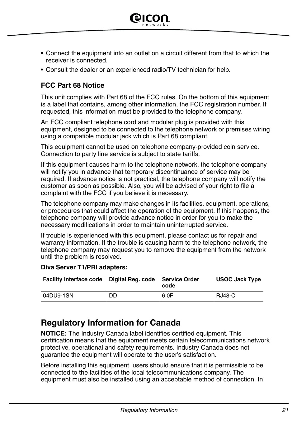 Regulatory information for canada | Eicon Networks Diva Server Adapters User Manual | Page 21 / 24