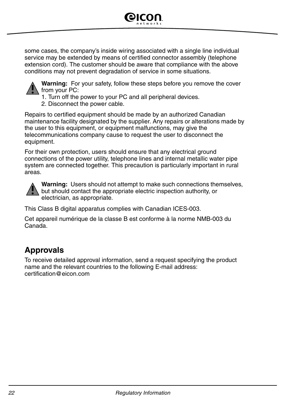 Approvals | Eicon Networks Diva Server Adapters User Manual | Page 22 / 24