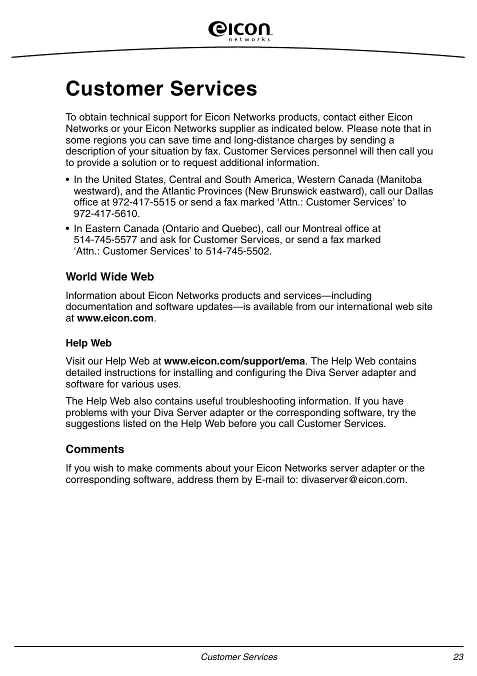 Customer services | Eicon Networks Diva Server Adapters User Manual | Page 23 / 24